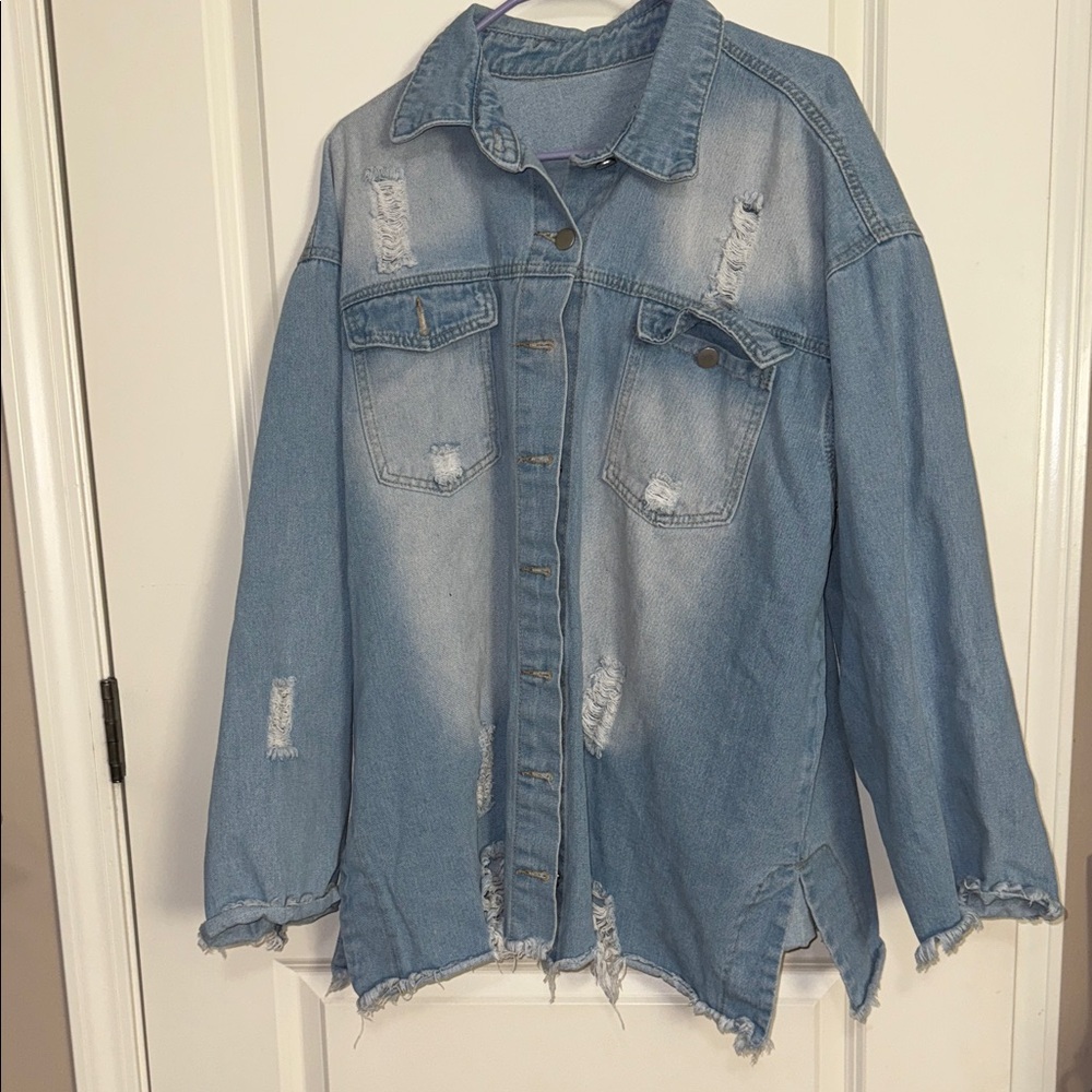 Trendy Boutique Light Blue Distressed Jean Jacket